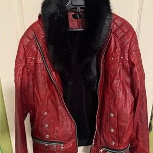 Vintage Red Quilted Jacket with Black Faux Fur Collar